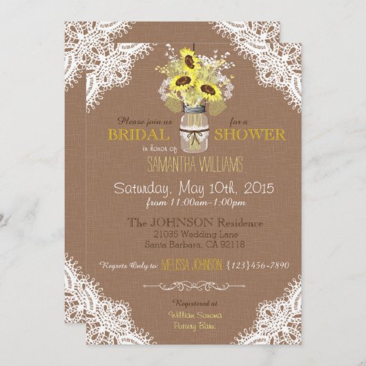 Lace Mason Jar Sunflower Rustikales Brautparty Einladung (Vorne/Hinten)