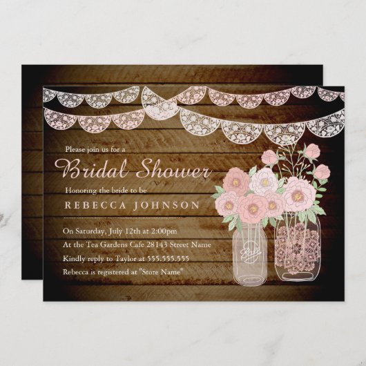 Lace Mason Jar Wood Brautparty Einladung (Vorne/Hinten)