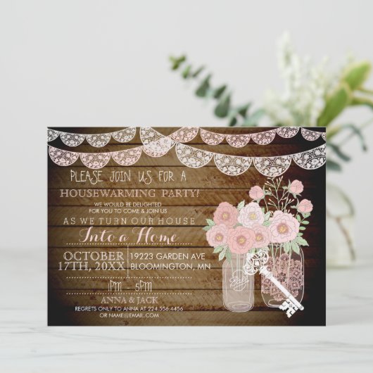 Lace Mason Jar Wood Housewarming Einladung (Stehend Vorderseite)