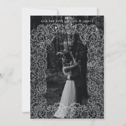 Lace Overlay Wedding Foto Save the Date Dankeskarte (Vorderseite)