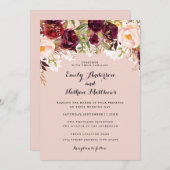 Lace Peach Burgundy Floral Wedite Einladung (Vorne/Hinten)