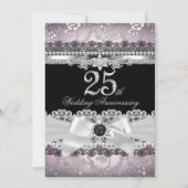 Lace & Pearl Bow Silver Pink 25-jähriges Bestehen Einladung (Vorderseite)