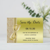 Lace Ribbon & Bow Gold Glitter Sequin 18th Save The Date (Stehend Vorderseite)