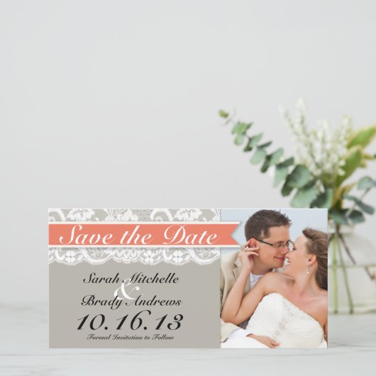 Lace Ribbon Gray und Coral Save the Date (Stehend Vorderseite)