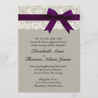 Lace Ribbon Grey and Plum Wedding Einladung