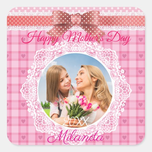 Lace Ribbon Happy Mother Day Quadratischer Aufkleber (Vorderseite)