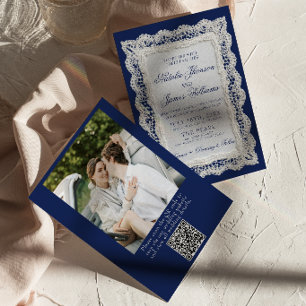Lace Royale Blau Old Money Foto QR Code Hochzeit Einladung