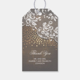 Lace Wood and Gold Confetti Rustic Wedding Geschenkanhänger