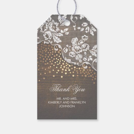 Lace Wood and Gold Confetti Rustic Wedding Geschenkanhänger (Vorderseite)