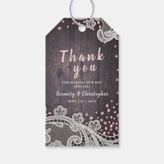 Lace wood errush Glitzer rustikale Hochzeit danke Geschenkanhänger (Vorderseite)