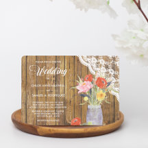 Lace Wood Mason Jar Floral Wedding Einladung
