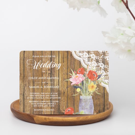Lace Wood Mason Jar Floral Wedding Einladung