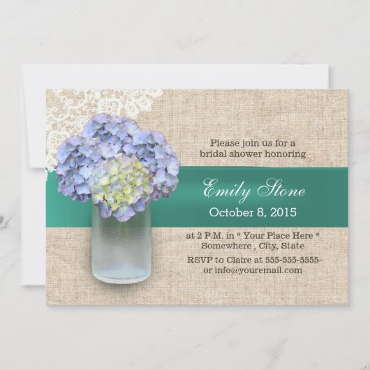 Laced Burlap Hydrangea & Mason Jar Brautparty Einladung (Vorderseite)