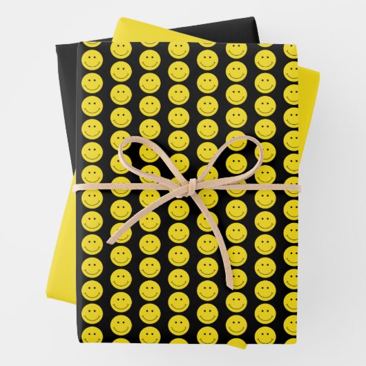 Lächelgelbes schwarzes Grinsen-Gesicht Geschenkpapier Set (Beispiel)