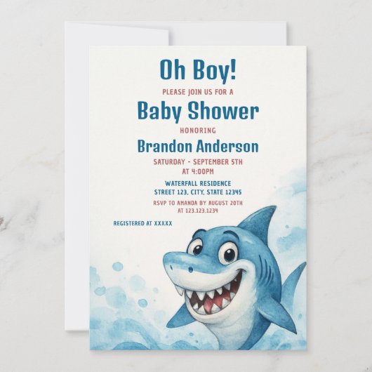 Lächeln Blue Shark Boy Baby Dusche Thema Einladung (Vorderseite)