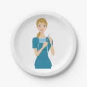 Lächeln der Krankenschwester mit Spritze Pappteller (Vorderseite)