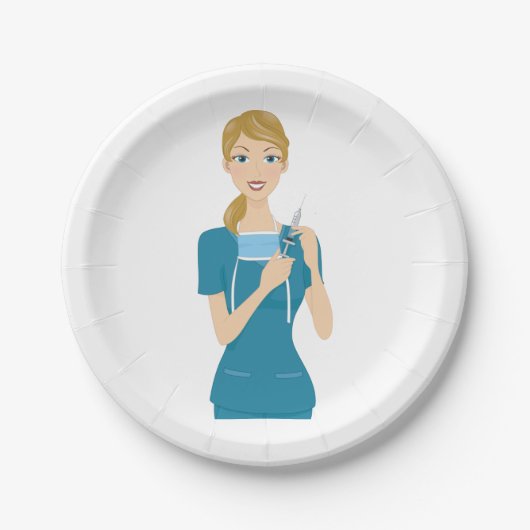 Lächeln der Krankenschwester mit Spritze Pappteller (Vorderseite)