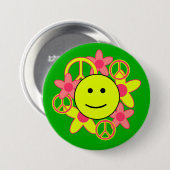 Lächeln-Gesicht mit Friedenszeichen und -Blumen Button (Vorne & Hinten)