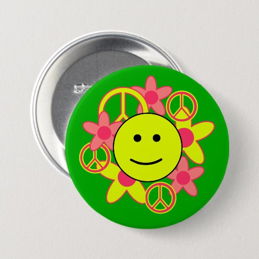 Lächeln-Gesicht mit Friedenszeichen und -Blumen Button (Vorne & Hinten)