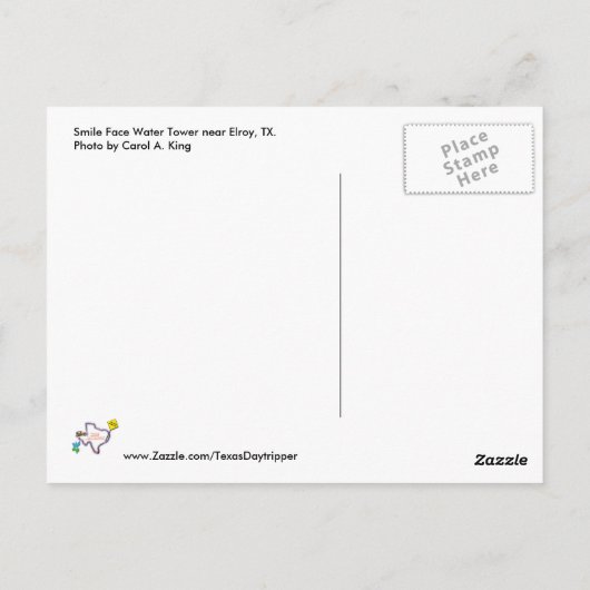 Lächeln-Gesichts-Wasserturm, Elroy, TX Postkarte (Rückseite)