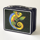 Lächeln glückliche farbige Lizard auf Twig Polka D Metall Brotdose (Rückseite)