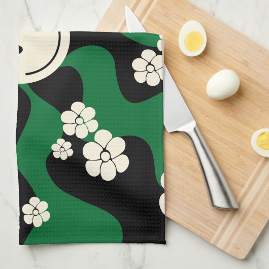 Lächeln - Grün, Creme und Schwarz Geschirrtuch (Viertel Falte)