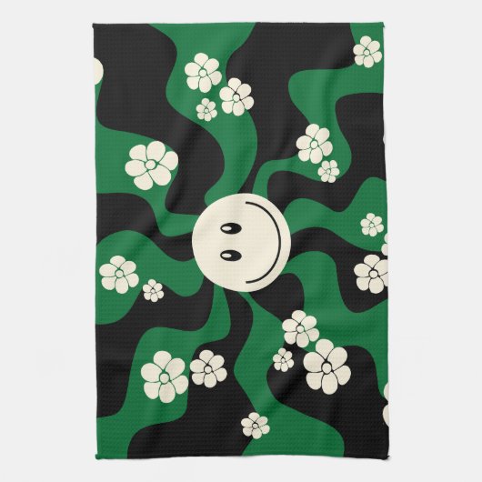 Lächeln - Grün, Creme und Schwarz Geschirrtuch (Vertikal)