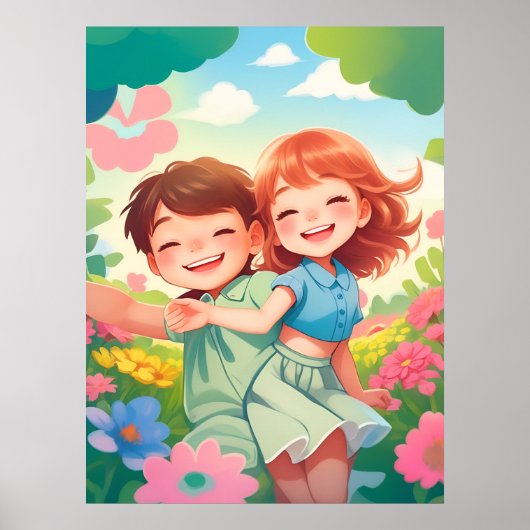 Lächeln Kinder im farbenfrohen Blumengarten Poster (Vorne)