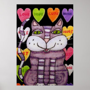 Lächeln Lila Valentine Cat Candy Hearts Black Poster