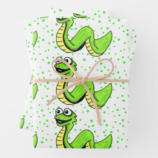 Lächeln Niedliche Neon-Gelbe Schlange auf Polka Do Geschenkpapier Set (Beispiel)