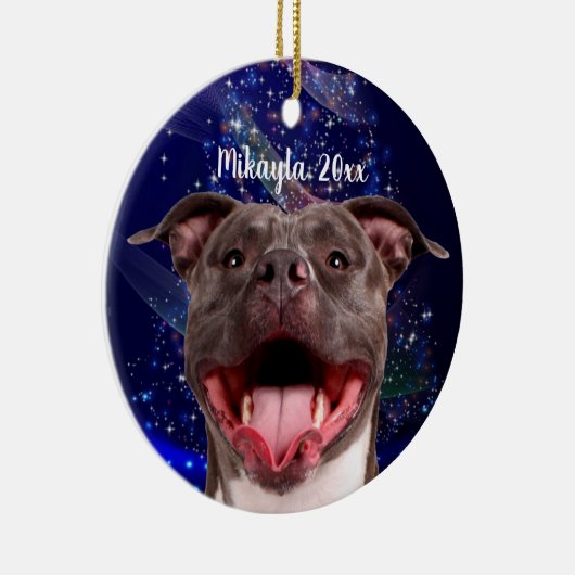 Lächeln Pit Bull auf Blauen Weihnachten Keramik Ornament (Rechts)