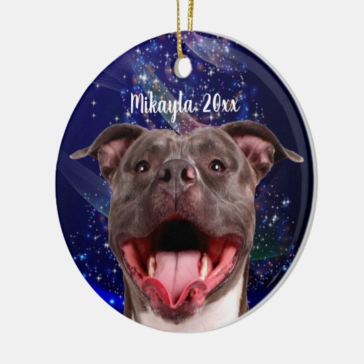 Lächeln Pit Bull auf Blauen Weihnachten Keramik Ornament (Links)