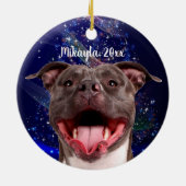 Lächeln Pit Bull auf Blauen Weihnachten Keramik Ornament (Hinten)