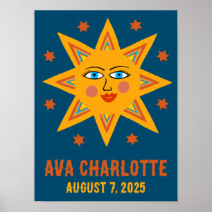 Lächeln Retro Sun CUSTOM BABY NAME BIRTHDATATE Art Poster