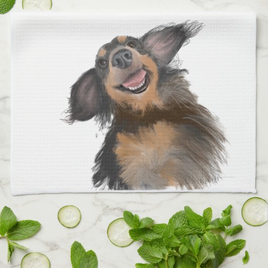 Lächeln von lang haariger Dackel Originelle Kunst Geschirrtuch (Gefaltet)