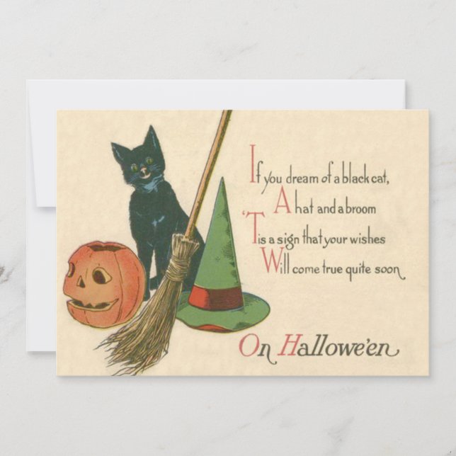 Lächelnd Black Cat Kürbislaterne Hexe's Hat Broom (Vorderseite)