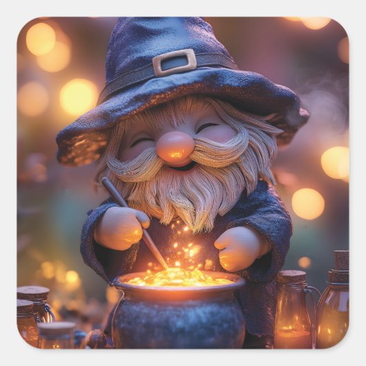 Lächelnd Gnome Stirring Magic Pot Quadratischer Aufkleber (Vorderseite)