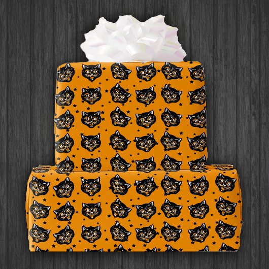 Lächelnd Halloween schwarze Katze Gesichter Orange Geschenkpapier