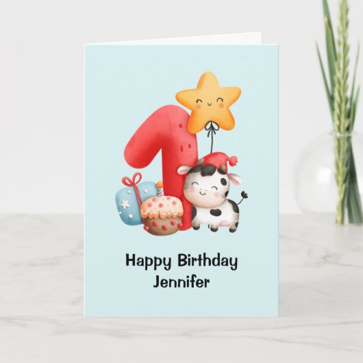 Lächelnd Kuh Niedlich Adorable First Birthday Card Karte (Vorderseite)
