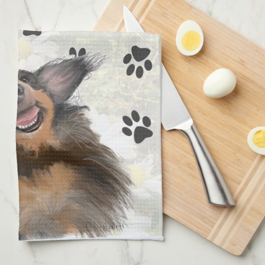 Lächelnd lange haarige Dackel Paw Print Original A Geschirrtuch (Viertel Falte)