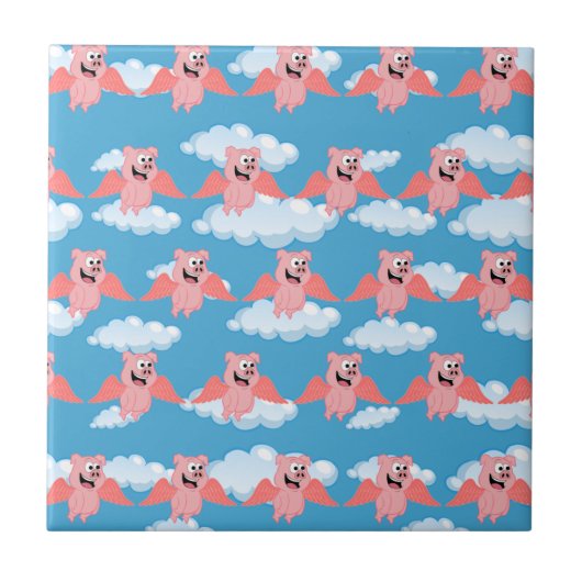 Lächelnd Pig Pink Wings Flying Animal Funny Cartoo Fliese (Vorderseite)