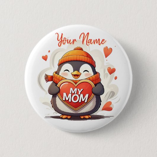 Lächelnd Pinguin hält Herzzeichen MEINE MAMA Button (Vorderseite)