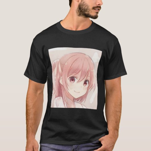 Lächelnd rosa Haar Anime Mädchen rosa Augen Manga T-Shirt (Vorderseite)