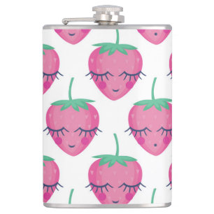 Lächelnd schlafende Erdbeeren, niedliches Muster. Flachmann