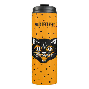 Lächelnd schwarzes Halloween Katzengefecht Orange Thermosbecher