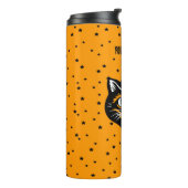 Lächelnd schwarzes Halloween Katzengefecht Orange Thermosbecher (Nach links gedreht)