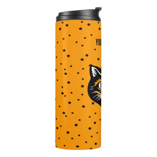 Lächelnd schwarzes Halloween Katzengefecht Orange Thermosbecher (Nach links gedreht)