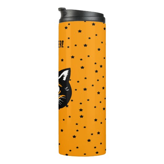 Lächelnd schwarzes Halloween Katzengefecht Orange Thermosbecher (Nach rechts gedreht)