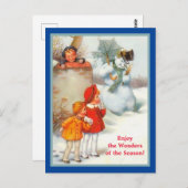 Lächelnd Snowman, Kids & Umbrella Vintager Urlaub Postkarte (Vorne/Hinten)