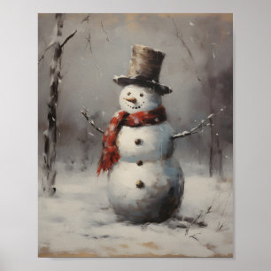 Lächelnd Snowman trägt Hut & Red Scarf im Wald Poster